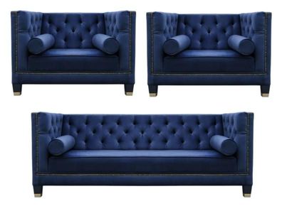 Chesterfield Blaue Sofagarnitur 3tlg Set Couch Garnituren Sitz Polster Gruppe