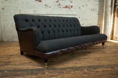 klassische Chesterfield Couch 3 Sitzer Sofa Couch Samt Leder Blau Design Polster