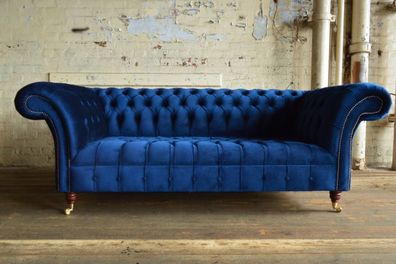 Chesterfield Blaue Leder Textil Couch Klassische Sofa Sitz Polster Stoffsofas