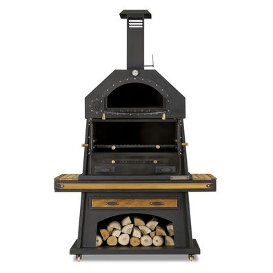 Eleganter schwarzer Grillkamin aus Holz und Edelstahl