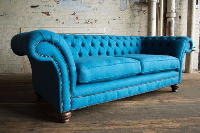 Luxus Chesterfield Sofa Couch Polster Sitz Couchen Sofas Textil Blau Samt 225cm