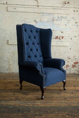 Ohrensessel Chesterfield Sofa Couch Polster 1 Sitzer Sessel Sofas Textil Blau