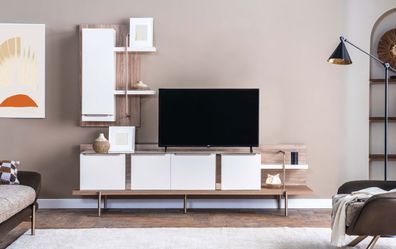 Stilvolles Weißes Hellbraunes Wohnzimmer Set RTV Regal Holz Lowboard