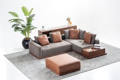 Wohnzimmer Sitzgarnitur Graues L-Form Sofa Brauner Hocker Luxus Möbel