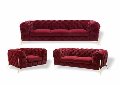 Designer Chesterfield Sofa Set Red Upholstery Set in Velvet 3 + 2 + 1 Seater New