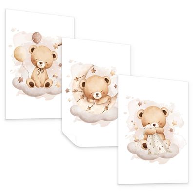 Muralo Poster Set für Jungen und Mädchen schlafende Teddybären Ballons Wolken Sterne