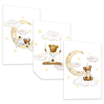 Muralo Poster Set für Kinderzimmer schlafende Teddybären Monde Wolken Sterne