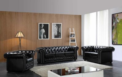 Sofa Chesterfield Leather Couch Seat Upholstery Set Seater Living Room Black New