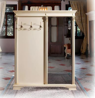 Hallway Wardrobe with Hooks White Coat Rack Panel With Mirror Italian Furniture
