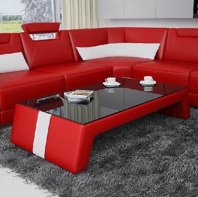 Coffee Table Modern Living Room Side Glass Upholstery Leather Design Red Colour