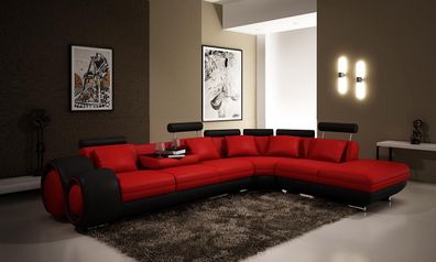 Sofa L-Shape Red Colour New Leather Couch Seat Upholstery Living Room Set Black