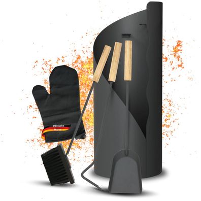 Kaminbesteck modern IGOR 5-teilig mit Holzgriff Schürhaken Besen Schaufel Ofenbesteck