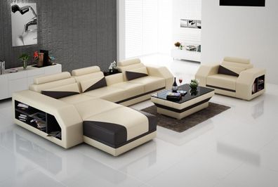 Leather Sofa Living Area Corner L-Shape With Armchair Set Modern New Beige Black