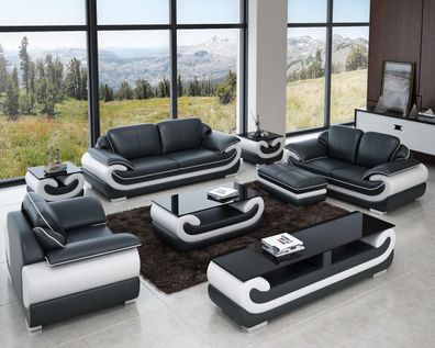 Sofa Set 3 + 2 + 1 Seater + Stool Upholstered Couches Designer Black Plus White