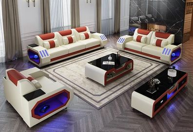 Leather Sofa Couch Set 3 + 1 + 1 - Illuminated Designer Couches New Modern Black