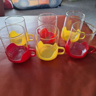 Teeglas mit Plastegriff 6 Stück Sonja DDR rot und gelb