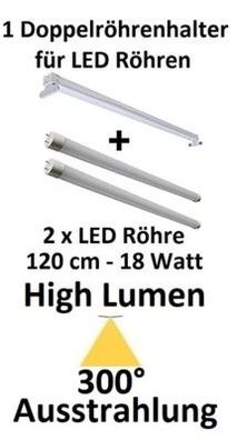 2 x 18 W LED-RÖHRE T8 / G13, 120 cm, Kaltweiß, 2430 Lm + LED DOPPEL-RÖHRENHALTER
