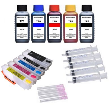 Wiederbefüllbare Patronen T2601 + T2611, T2612, T2613, T2614 + 500 ml Tinte