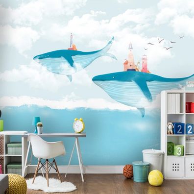 Kreative Wandtapete - Handgemalter Wal mit Himmel & Wolken für Kinderzimme 10273