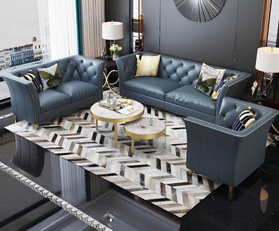 Dreisitzer Couch Polster Design Sofa 3er Sitz Sofas Zimmer Blau Chesterfield Neu