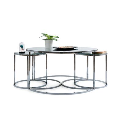 Kunstvoller Couchtisch mit zwei Anbautischen, runder Platte und klarem Design