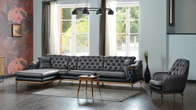 Schwarz Wohnzimmer Set Ecksofa L-Form Sessel Modern Chesterfield Komplett