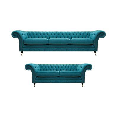 Chesterfield Blau 2x Sofas Set Wohnzimmer Polstermöbel Luxuriöse Sofagarnitur