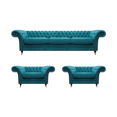 Sofas Blau Komplett Wohnzimmer Chesterfield Sofagarnitur 3tlg Luxuriöse