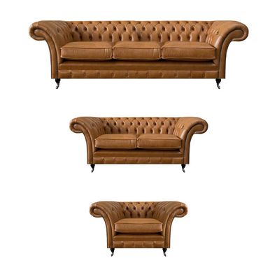 Braun Chesterfield Luxuriöse Sofagarnitur Set 3 + 2 + 1 Wohnzimmer Ledersofa