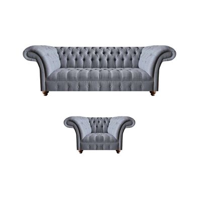 Chesterfield Designer Graue Polstergarnitur Moderne Textilcouchen 2tlg