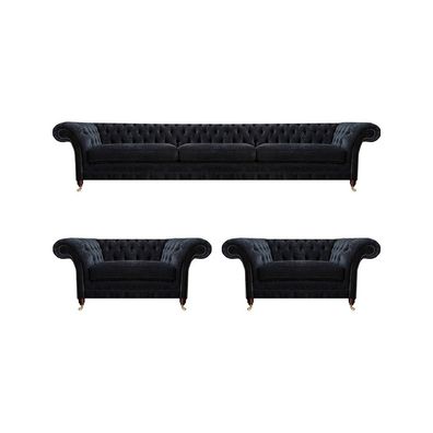 Edle Schwarze Chesterfield Wohnzimmer Sitzgarnitur Dreisitzer Sessel