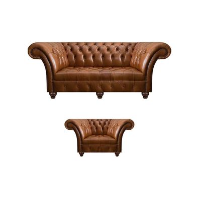 Hellbraune Chesterfield Ledergarnitur Sitzsofa Designer Sessel 2tlg Set