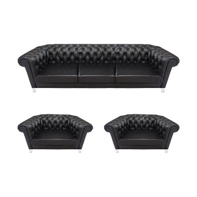 Edles Chesterfield Schwarzes Sofa Luxuriöse Ledersessel 2x Einsitzer