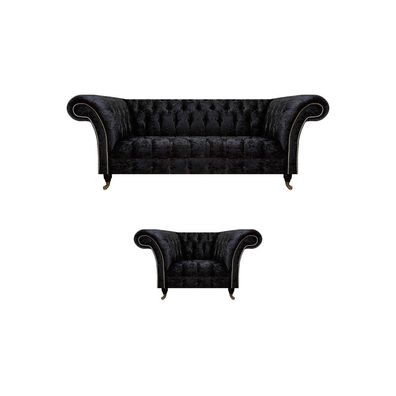 Chesterfield Schwarze Polstermöbel Designer Wohnzimmer Couch Sessel 2tlg
