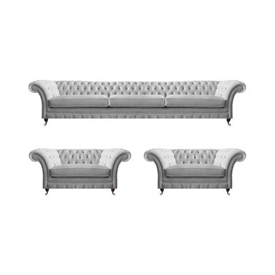 Weiße Chesterfield Textilgarnitur Polstercouchen Wohnzimmer Sessel 3tlg