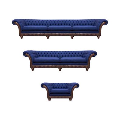 Designer Chesterfield Couchgarnitur Edler Blauer Dreisitzer Sessel 3tlg