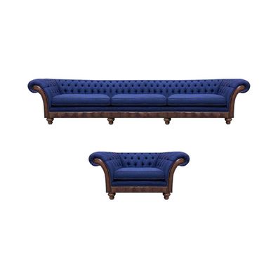 Blaue Chesterfield Polstermöbel Designer 3-Sitzer Sofa Stoffsessel 2tlg