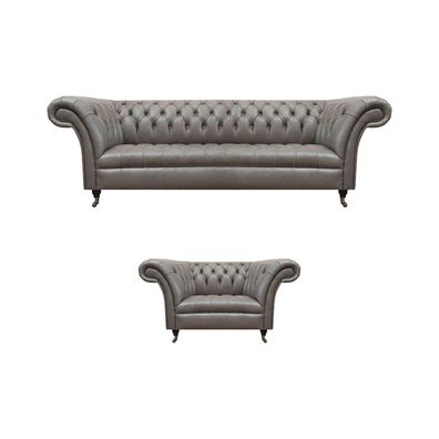 Designer Chesterfield Ledergarnitur Dreisitzer Sofa Edler Sessel 2tlg
