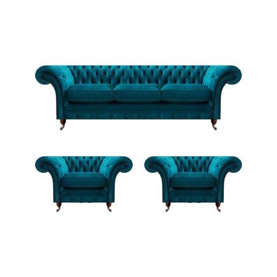Chesterfield Blaue Couchen Polstersofas Wohnzimmer Textil Sitzmöbel 3tlg