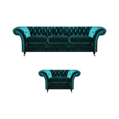 Edle Chesterfield Grüne Polstersofas Designer Textilcouchen 2tlg Set