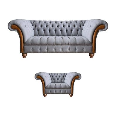 Luxuriöse Chesterfield Hellgraue Sofagarnitur Polstersofas Edler Sessel