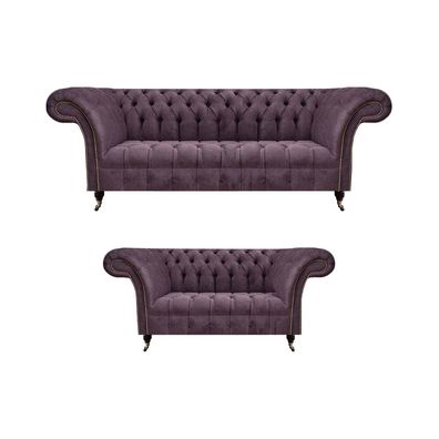 Komplette Chesterfield Lila Sitzgarnitur 2x Sofas Dreisitzer 2-Sitzer