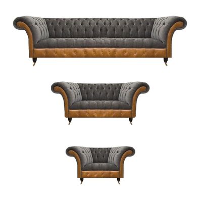 Grau-Braune Chesterfield Sitzgarnitur Polstersofas Textil Couchen 3tlg