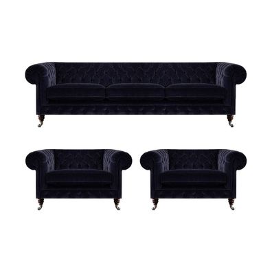 Blaue Chesterfield Couchgarnitur Designer 3-Sitzer 2x Polstersessel 3tlg