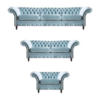 Luxuriöse Blaue Chesterfield Polster Garnitur Dreisitzer Lehnsessel 3tlg