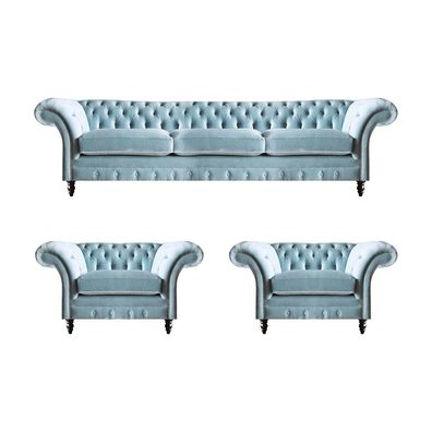 Chesterfield Polster Sitzmöbel Blaue Sofagarnitur 3-Sitzer 2x Sessel