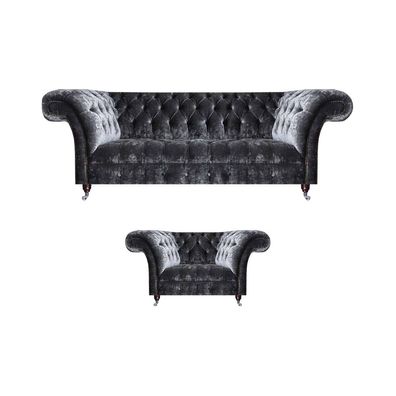 Chesterfield Polstermöbel Wohnzimmer Textil Dreisitzer Edler Sessel 2tlg