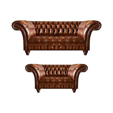 Edle Hellbraune Chesterfield Garnitur Wohnzimmer Zweisitzer 3-Sitzer
