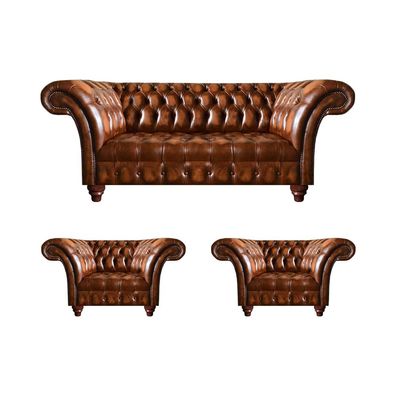 Braune Wohnzimmer Chesterfield Garnitur 2x Ledersessel Edler Dreisitzer