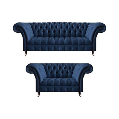 Blaue Sofagarnitur Chesterfield Textil Couchen Dreisitzer Zweisitzer 2tlg